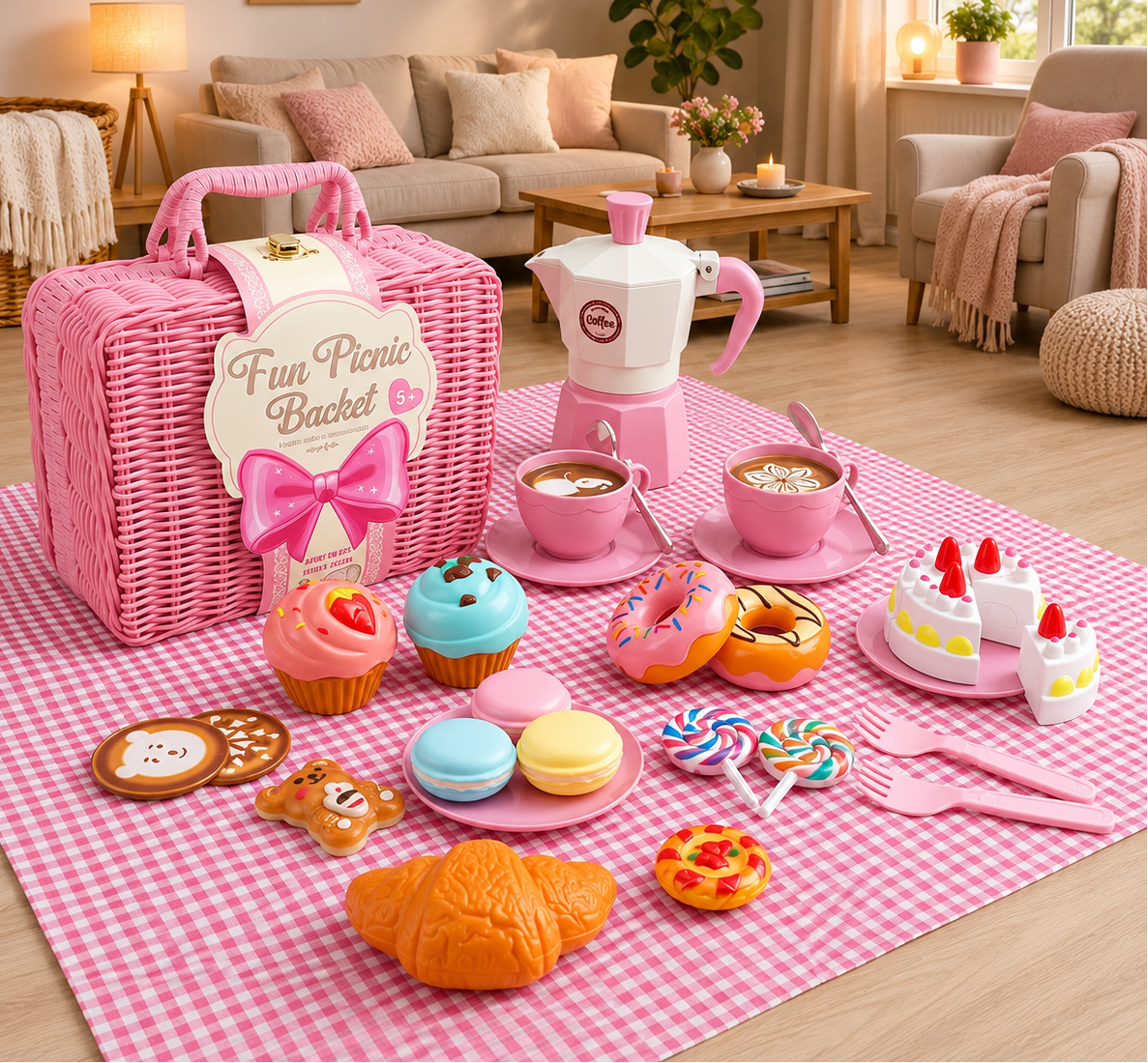 Pink picnic set with basket, teapot, and food items on a checkered tablecloth in a living room.